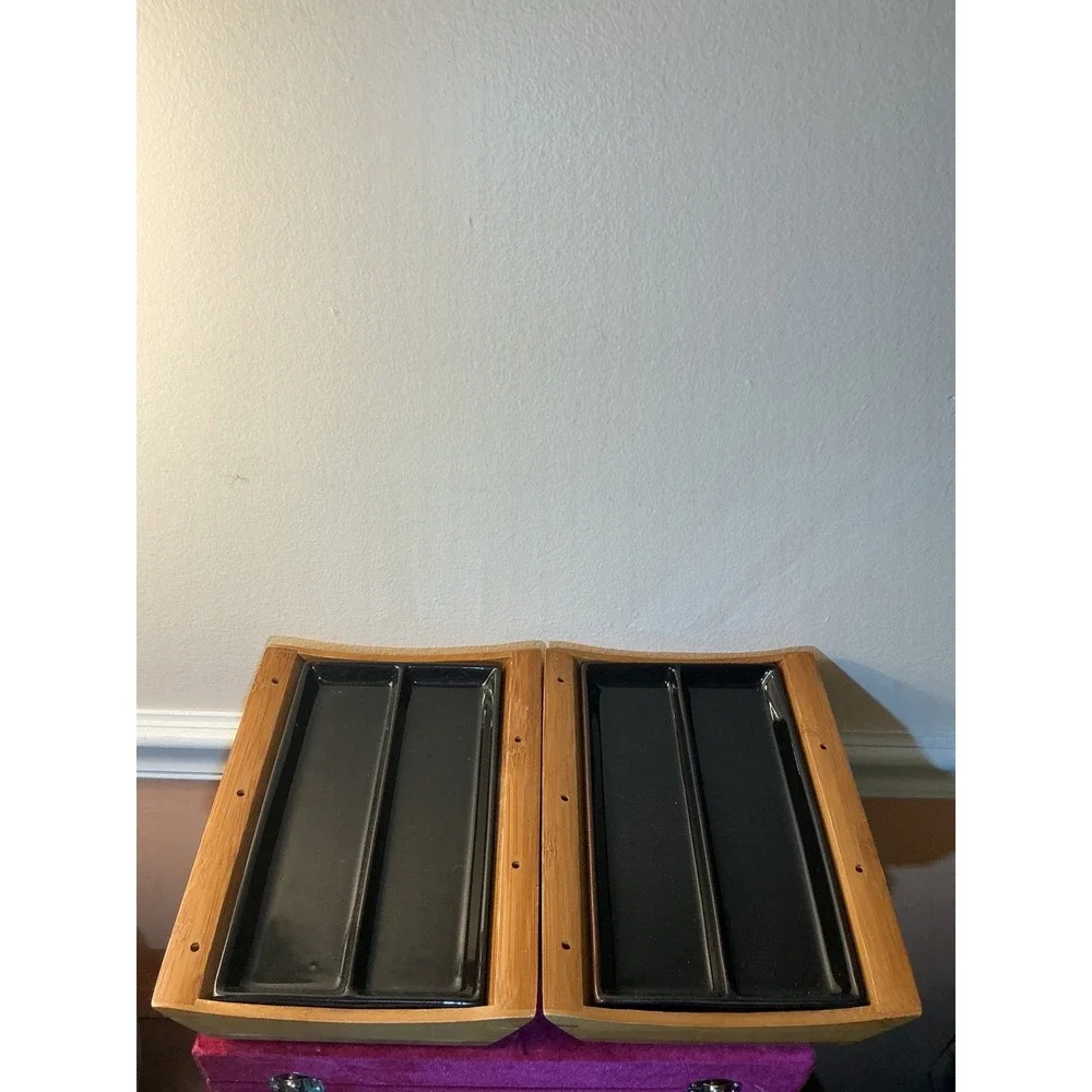 Tru Bamboo 4 Piece Serving Set Black Ceramic Divided Trays with Bamboo Bases